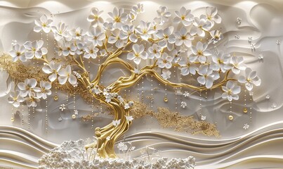 3D wallpaper golden tree life with white flowers, 3D mural wallpaper high quality AI generated image