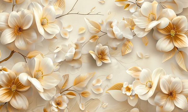 Mural wallpaper flowers in gold and cream colors, 3D Mural wallpaper high quality AI generated image