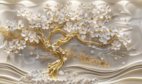 Fototapeta 3D wallpaper golden tree life with white flowers, 3D mural wallpaper high quality AI generated image
