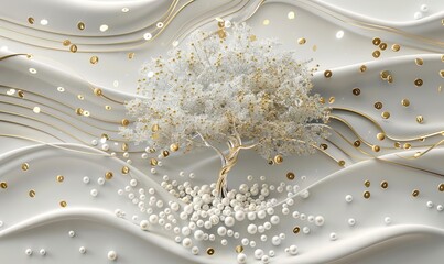 3D wallpaper white and gold tree life, 3D mural wallpaper gold tree and white circles high quality AI generated image
