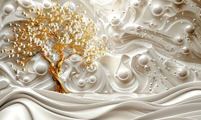 3D wallpaper with golden tree, 3D mural wallpaper gold tree and pearl high quality AI generated image