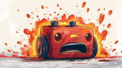 Cartoon mascot of a car battery showcasing its strength on a white background.