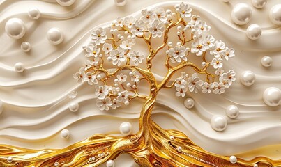 3D wallpaper with gold tree life white pearl and flowers, 3D mural wallpaper high quality AI generated image