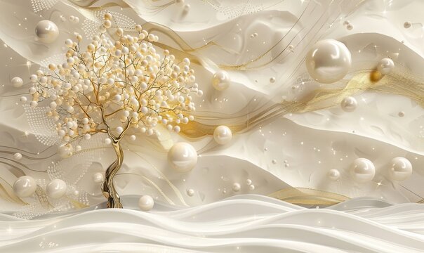 3D wallpaper with golden tree, 3D mural wallpaper gold tree and pearl high quality AI generated image