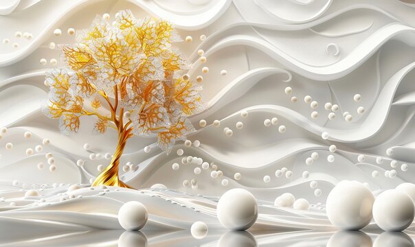 3D wallpaper with golden tree, 3D mural wallpaper gold tree and pearl high quality AI generated image