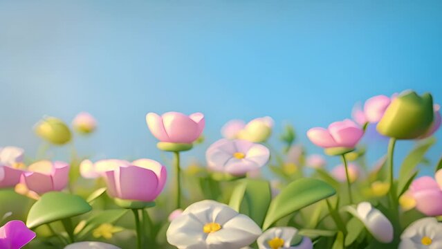3d Animation cartoon happy spring flowers in blue sky. Fresh Green grass and pastel summer spring landscape Animated background colorful spring flowers. Colorful summer garden with sunlight shining 4k