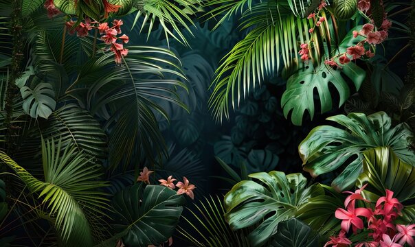 Tropical rainforest background with lush green, Mural wallpaper tropical rainforest high quality AI generated image