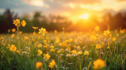Golden Hour Meadow: Soft-Focus Landscape of Yellow Flowers & Grass in Tranquil Sunset/Sunrise Time with Blurred Forest Background - Idyllic Nature Closeup for Spring/Summer