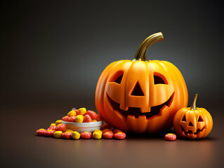 Halloween pumpkins and candies on dark background 3d rendering