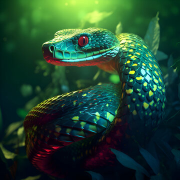 3D rendering of a fantasy snake in a dark forest with bright lights