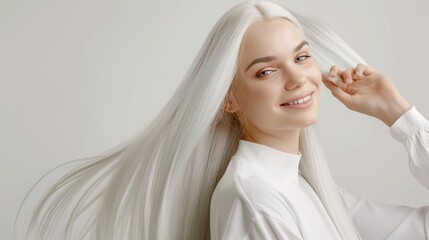Woman showcasing white sleek, shiny hair post-shampoo. Portrait of beauty and haircare.
