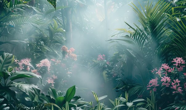 Tropical jungle background with exotic plant, Mural wallpaper tropical jungle high quality AI generated image