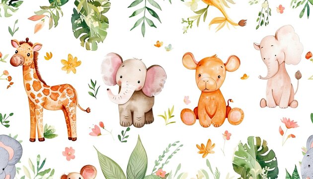Watercolor African animals cartoon creative mural wallpaper high quality AI generated image