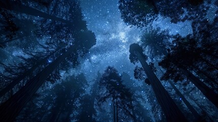 Dense Forest With Tall Trees Under Night Sky