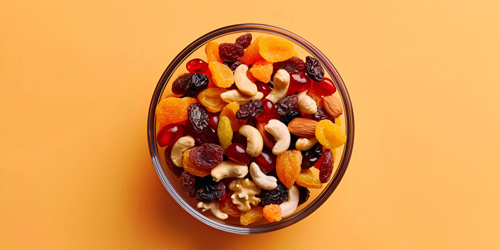 Smoothie granola seeds fresh fruits Dried fruits nuts in bowls set dry apricots figs raisins walnuts almonds and other healthy nutritious snacks white table background top view.AI Generative 
