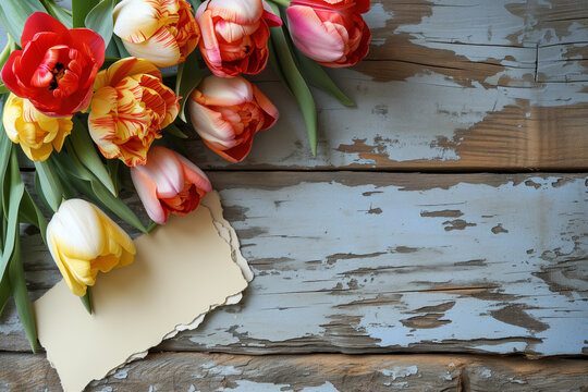 Beautiful spring tulips with postcard on old wooden boards with space for text