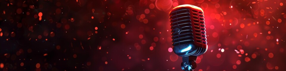 Microphone isolated on glowing red background with copy space