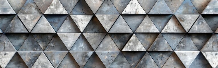Geometric Gray and White Triangular Mosaic Tile Texture for Wallpaper or Background Banner - Seamless Pattern with Hexagon Triangles on Cement Concrete Stone Mirror - obrazy, fototapety, plakaty