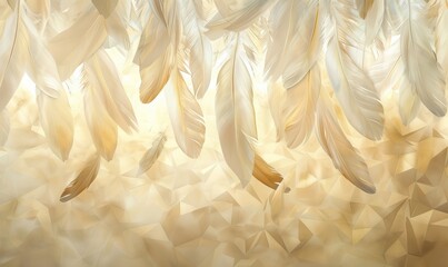 abstract white art background with feathers in golden. AI generated illustration