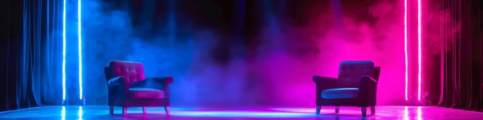 Close up of two chairs isolated on blue and pink neon and smoky light background