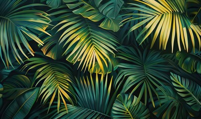 Seamless hand drawn tropical pattern with bright hibiscus flowers and exotic palm leaves on dark background. AI generated illustration - obrazy, fototapety, plakaty