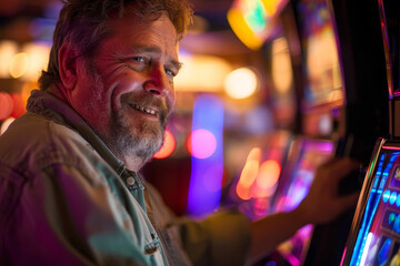 A detailed view of a cheerful middle-aged man at a casino