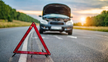 Broken down car on the road with its hood open and a warning sign in front of it