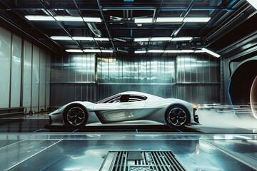 A modern sports car in an active wind tunnel for an aerodynamics test. - obrazy, fototapety, plakaty