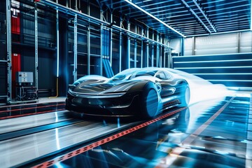 A futuristic electric car in an active wind tunnel for an aerodynamics test.