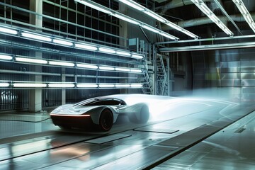 A futuristic electric car in an active wind tunnel for an aerodynamics test. - obrazy, fototapety, plakaty