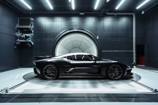 A modern sports car in an active wind tunnel for an aerodynamics test.