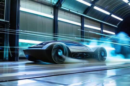 A futuristic electric car in an active wind tunnel for an aerodynamics test.