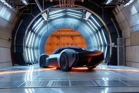 A futuristic electric car in an active wind tunnel for an aerodynamics test.