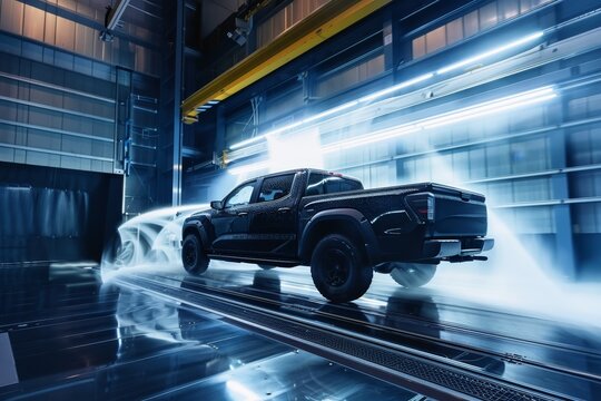 A modern pickup truck in an active wind tunnel for an aerodynamics test.