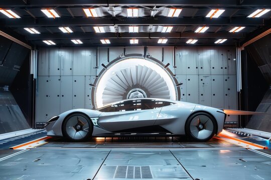 A futuristic electric car in an active wind tunnel for an aerodynamics test.