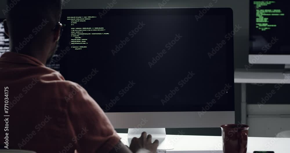 Leinwandbilder Programming, computer screen or person typing software code, cloud computing or online algorithm. Night developer, back or IT technician working overtime on script, website HTML or programming server