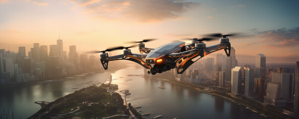 A moder drone flying over the big city in the sunset sky.