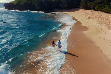 Couple walking together alone on a private tropical island beach. The ocean waves are crashing into the sand and the husband and wife are holding hands. Aerial view captured by drone.