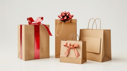 Obraz premium gift packaging and paper bags.gift box decorated with red ribbon, one small bag with orange ribbon, and two brown paper bags without decoration.AI generated image