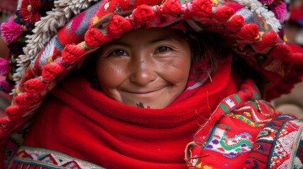 A young peruvian woman with a colorful red hat smiling at the camera. Andes. Wool chullo. American rural native folk.