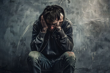 A depressed man suffering from emotional pain, sitting alone with a sad and worried expression, hands raised to his head, set against a misty dark background. - obrazy, fototapety, plakaty