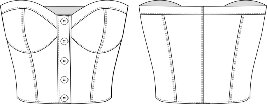 sleeveless strapless buttoned sweetheart neck cropped crop bloue top bustier jean denim template technical drawing flat sketch cad mockup fashion woman design style model
