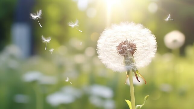 Beautiful soft white dandelion seed head is revealed on blurred greenery of forest background.