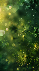 Close-up of glowing dandelion seeds against a magical green background with sparkling bokeh effects