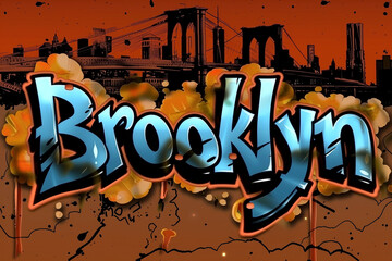 The word "Brooklyn" - graffiti inscription with chrome effect. Spray painted tag, street art design. Wallpaper and background resource.