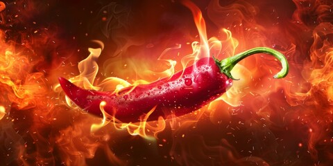 Chilli pepper with fiery coat isolated on the molten fire background, food concept