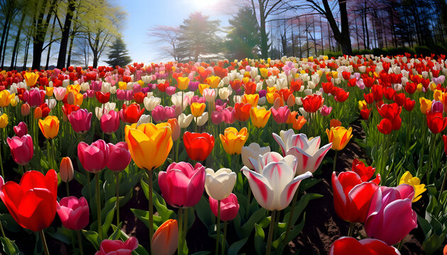 Colorful tulip flowers blooming in the garden. stock photo