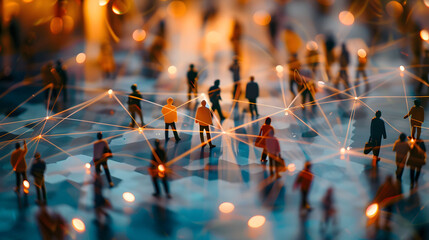 Obraz premium A network of interconnected people and digital connections, representing the global scale or social connection concept with glowing icons on a dark background. Partnership of business concept.