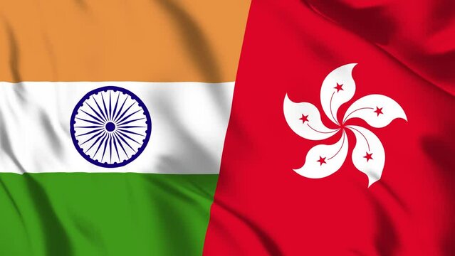 India and Hong Kong Flag waving in loop and seamless animation. Indian vs Hong Kong Flag background. Hong Kong and India Flag for relation, political or military conflict, Peace, Unity, and economy.