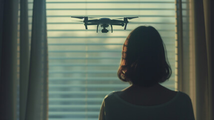 Woman Seeing A UAV Unmanned Aircraft Drone Flying Just Outside The Window of Her House. - 771036520